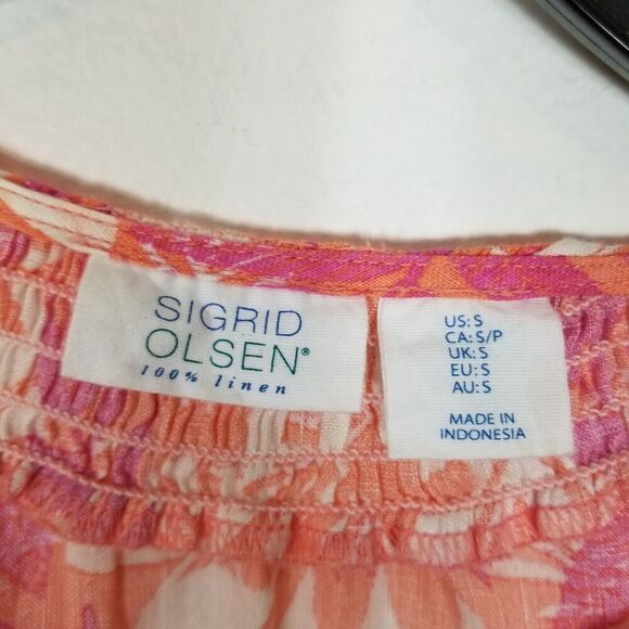 Sigrid Olsen Women Linen Mix Print Smocked Neck Peasant Top Sz S Blouse Beach - Picture 5 of 6